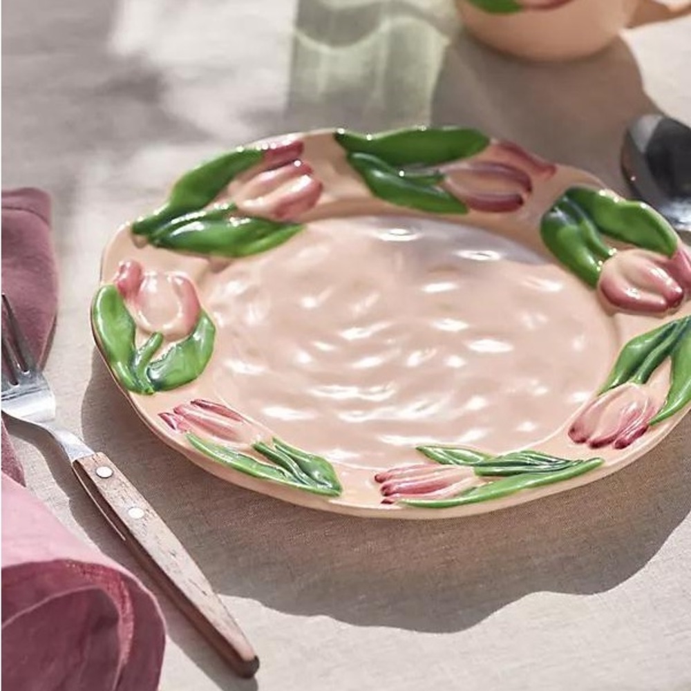 Anthropologie Foster Icon Stoneware Dessert Plate Tulip Pink Floral